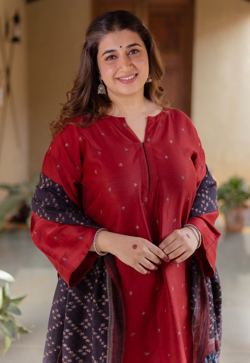 Zehra Madder Ajrakh Chanderi Silk A Line Kurta with Hand Embroidery