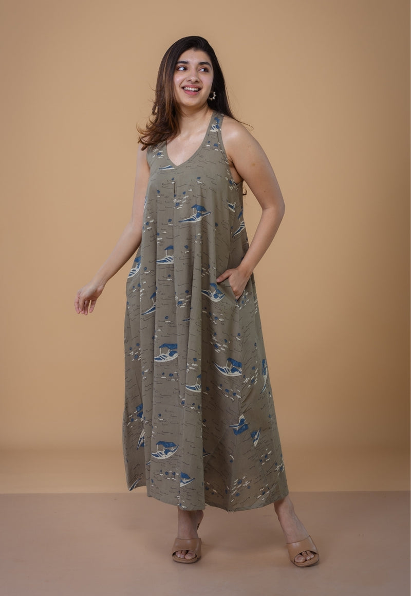 Tashi Grey Ajrakh Cotton A Line Dress
