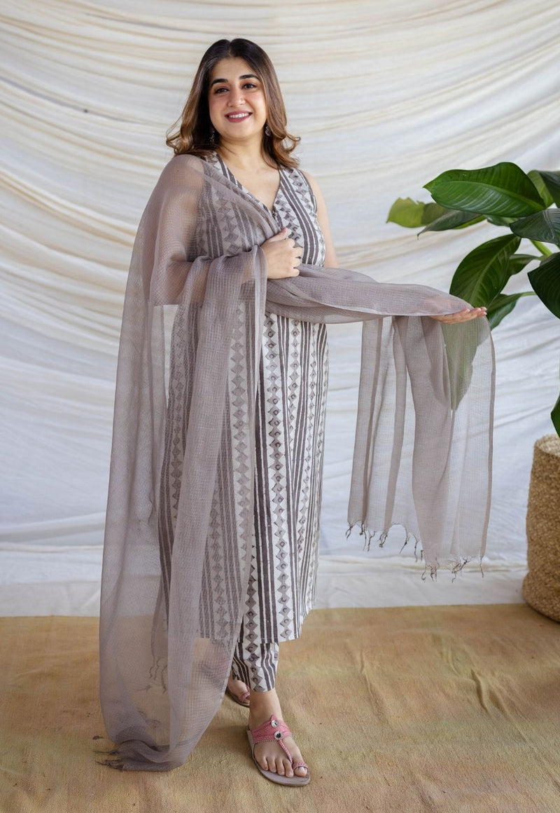 Hanifa Grey Batik Cotton Straight Kurta