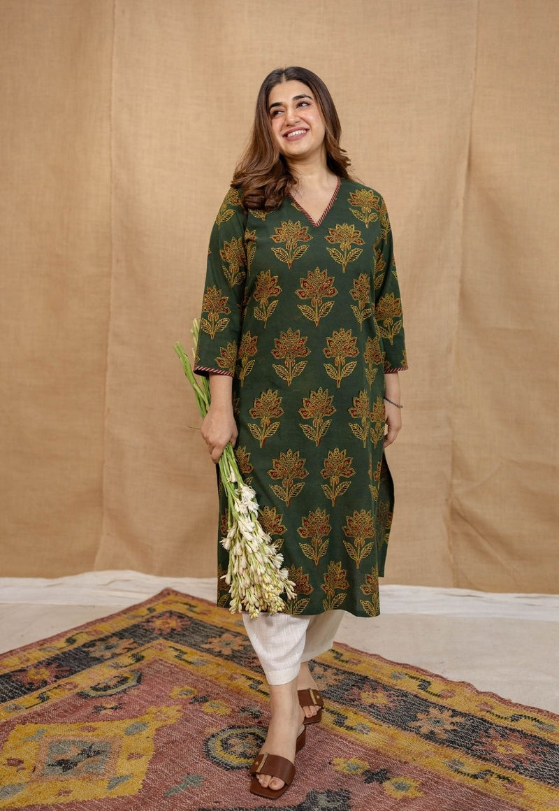 Nargis Green Ajrakh Cotton Straight Kurta