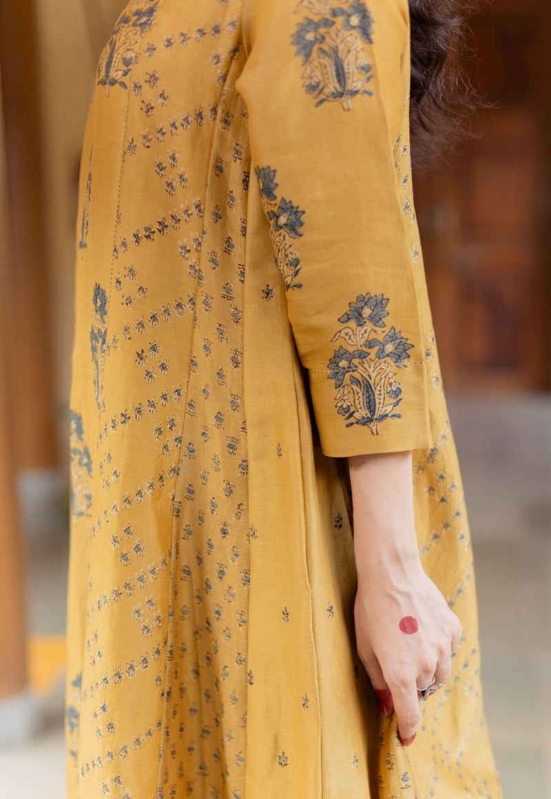 Sonia Mustard Ajrakh Chanderi Silk Kali Kurta with Hand Embroidery