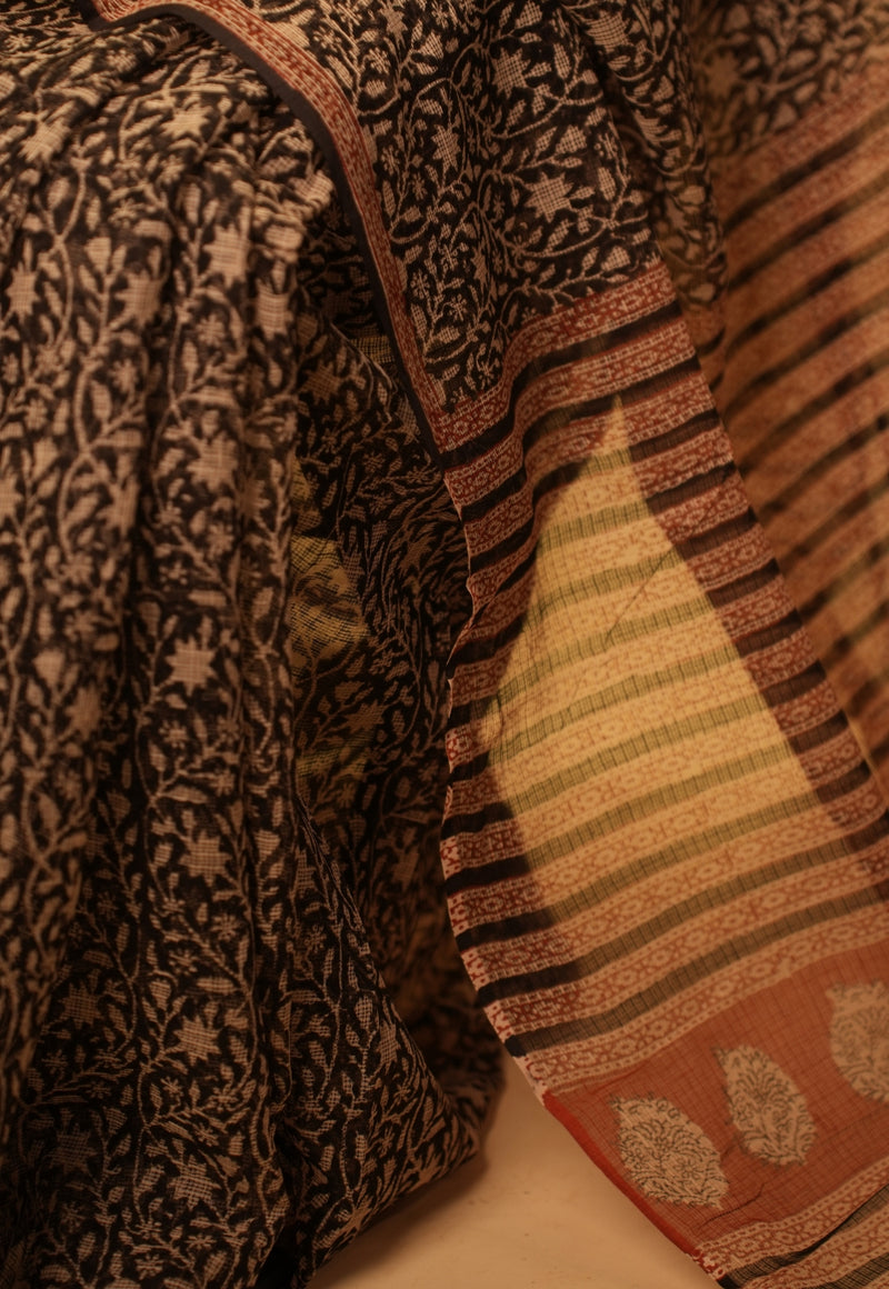 Black Jaal Bagru Kota Doria Handblock Print Cotton Saree