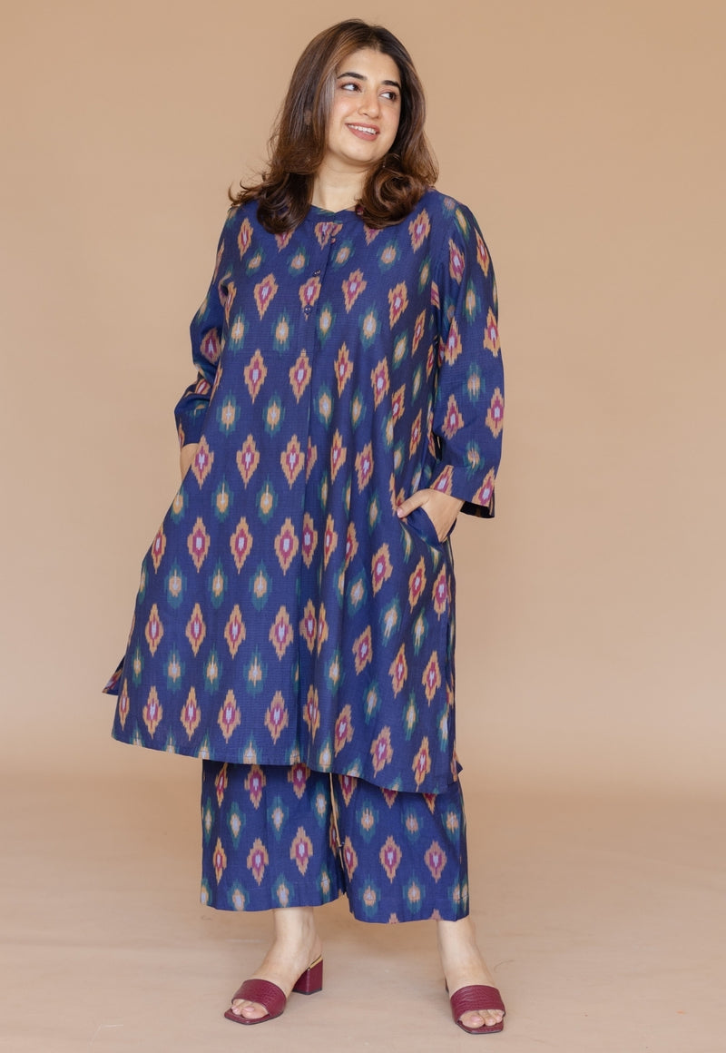 Ayaat Blue Handloom Ikkat Cotton Straight Kurta