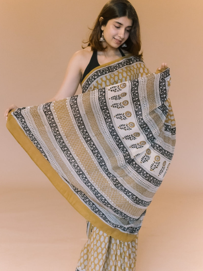 Yellow Butti Bagru Hand Block Print Modal Saree