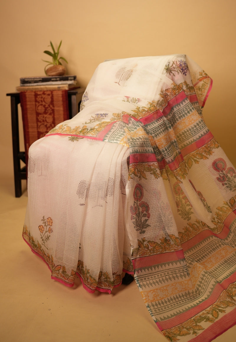 White Butta Sanganeri Hand Block Print Kota Doria Saree
