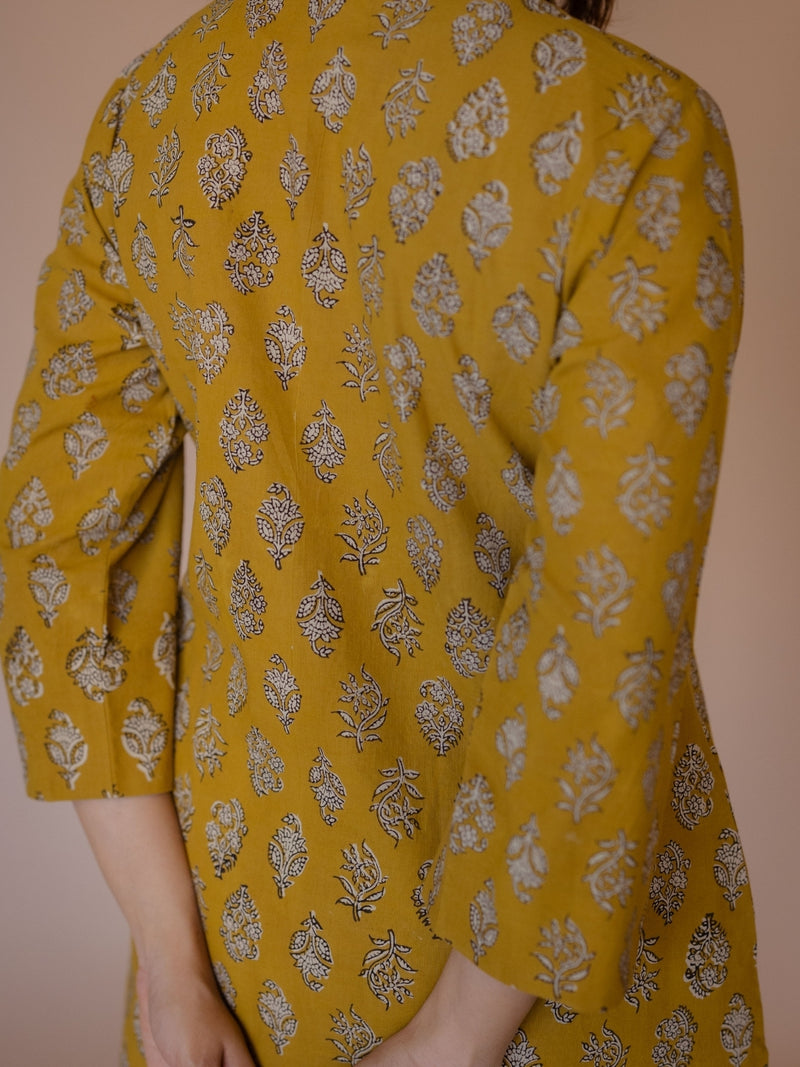 Avika Yellow Bagru Cotton Straight Kurta