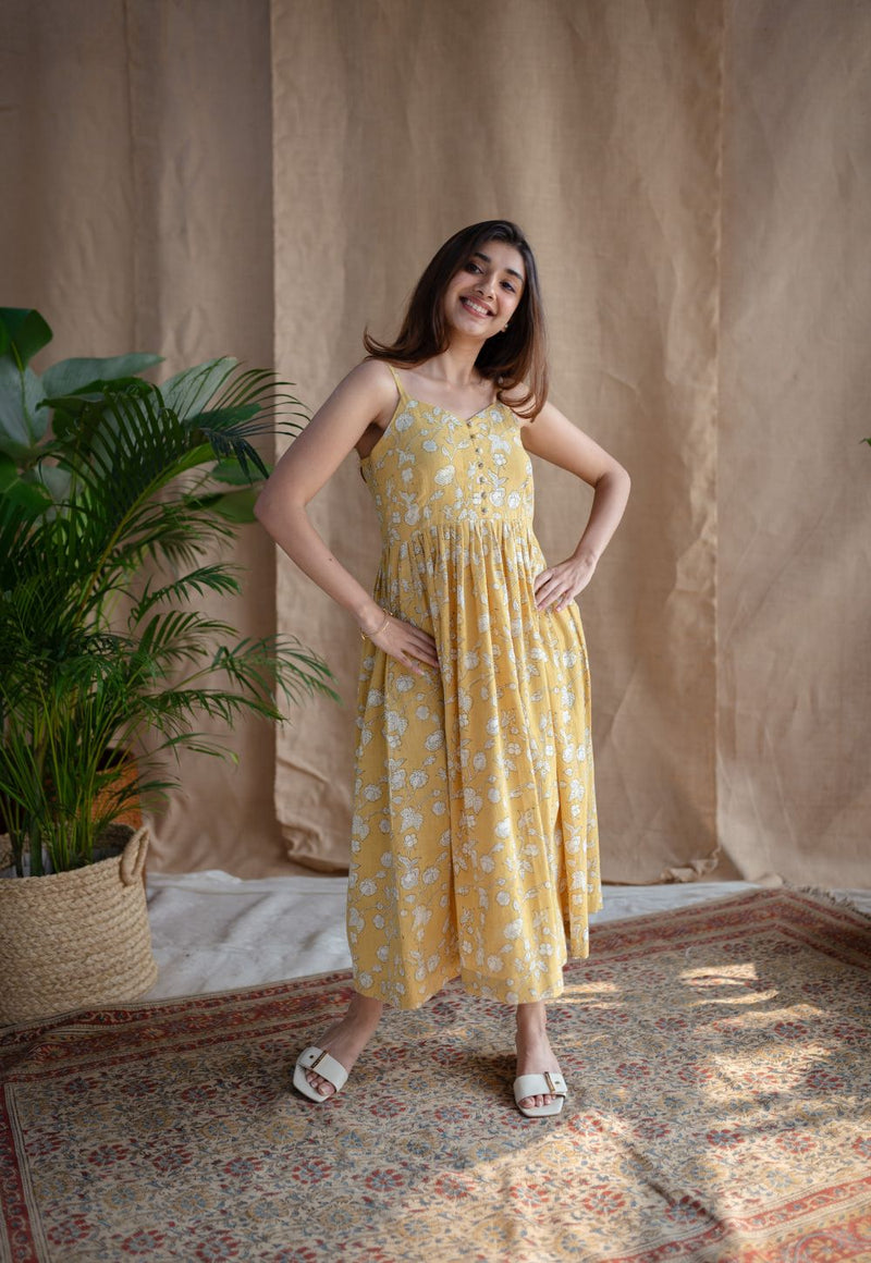 Eliya Yellow A Line Dabu Slub Cotton Dress