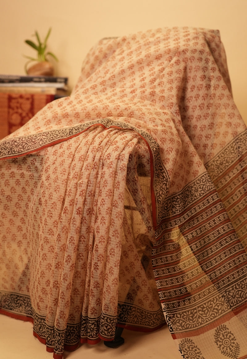Beige Butti Bagru hand Block Print Kota Doria Saree