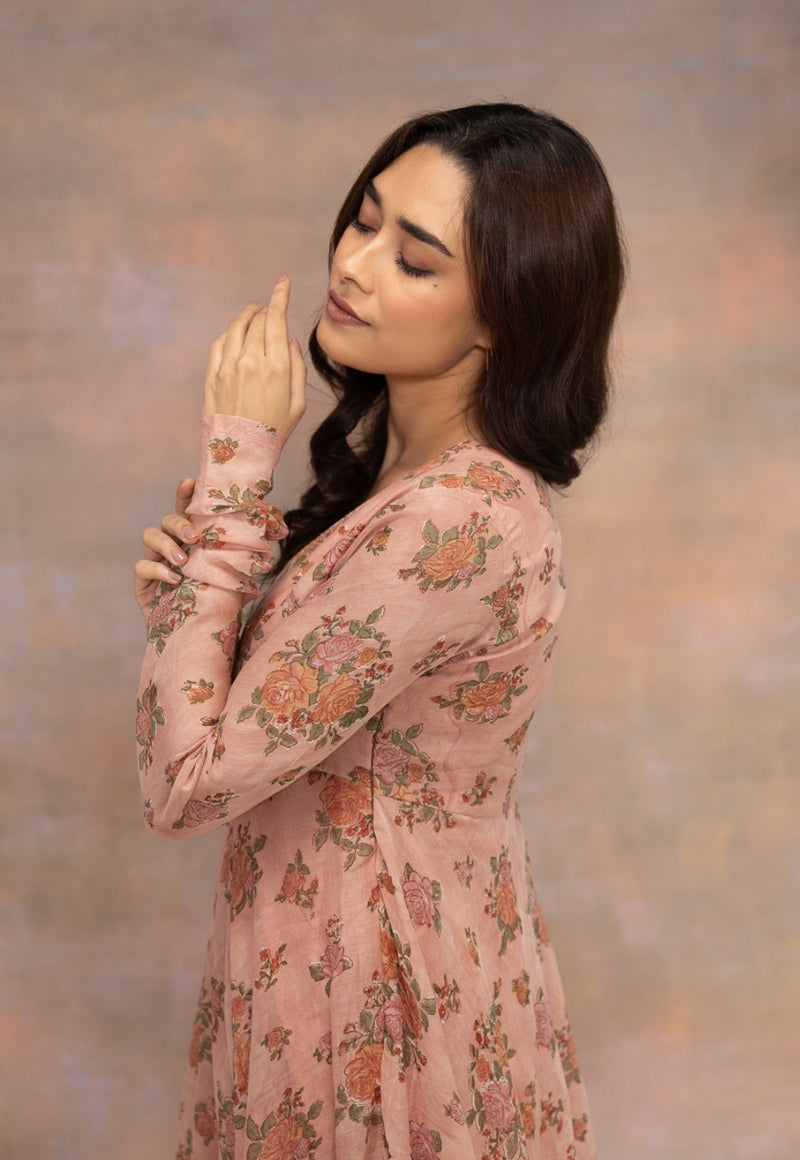 Rozhira Pink Sanganeri Chanderi Silk A Line Kurta with Hand Embroidery