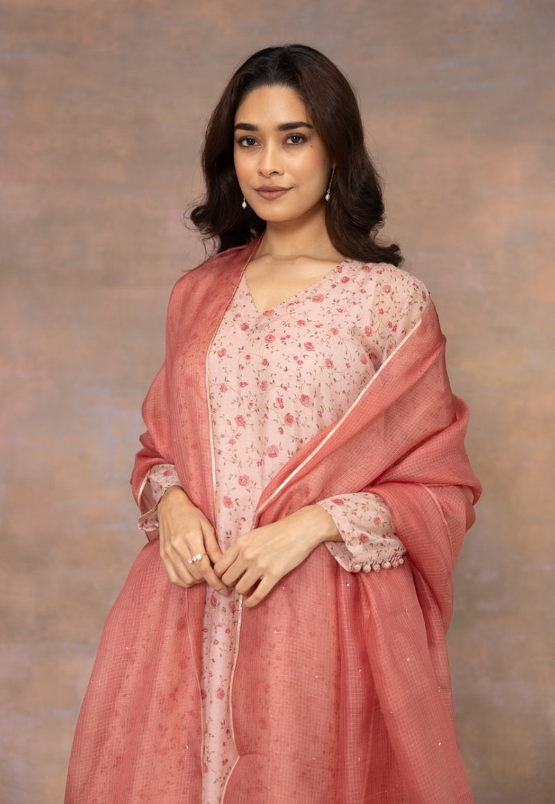 Rose Pink Sanganeri Chanderi Silk Kali Kurta with Hand Embroidery