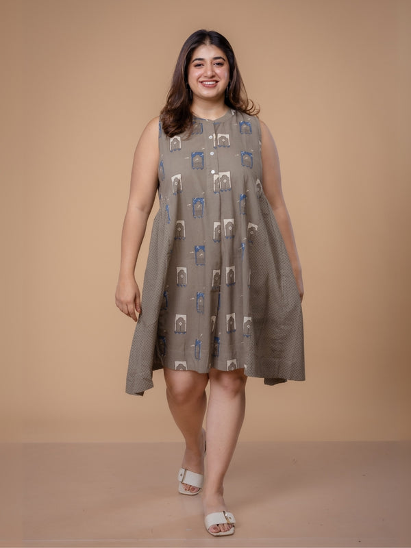 Fariyah Grey Ajrakh Cotton A Line Dress