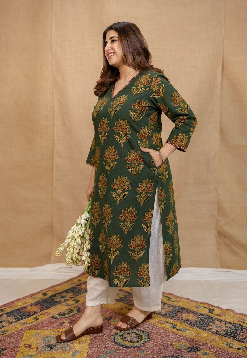 Nargis Green Ajrakh Cotton Straight Kurta