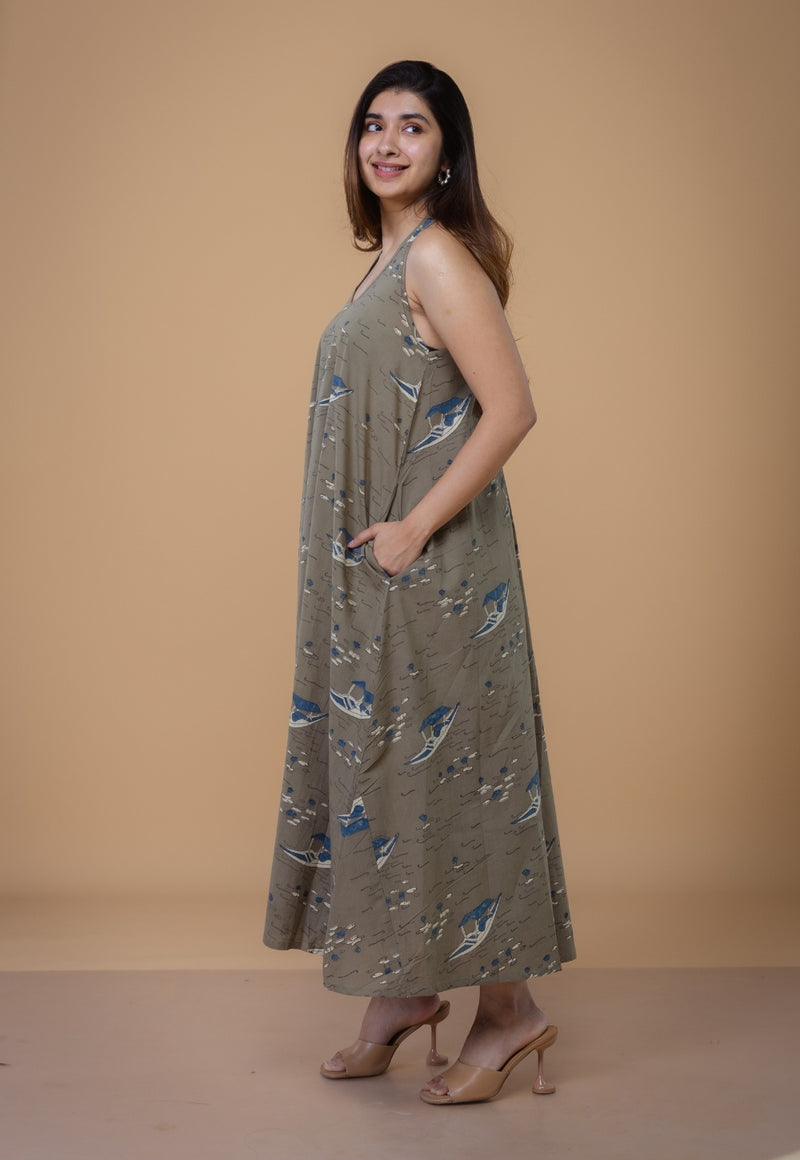Tashi Grey Ajrakh Cotton A Line Dress