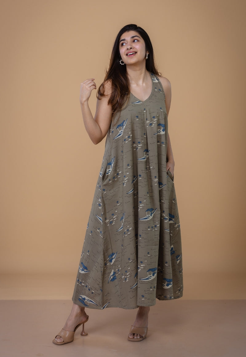 Tashi Grey Ajrakh Cotton A Line Dress