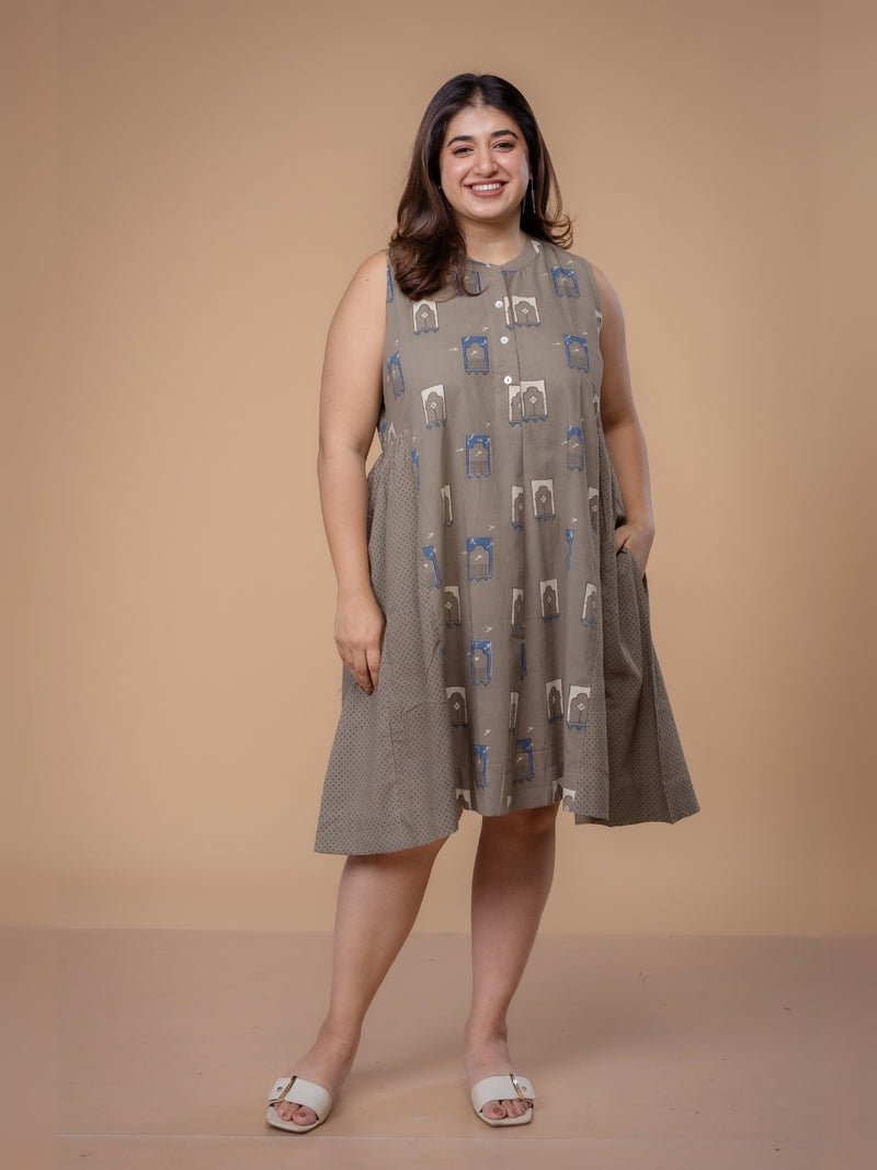 Fariyah Grey Ajrakh Cotton A Line Dress