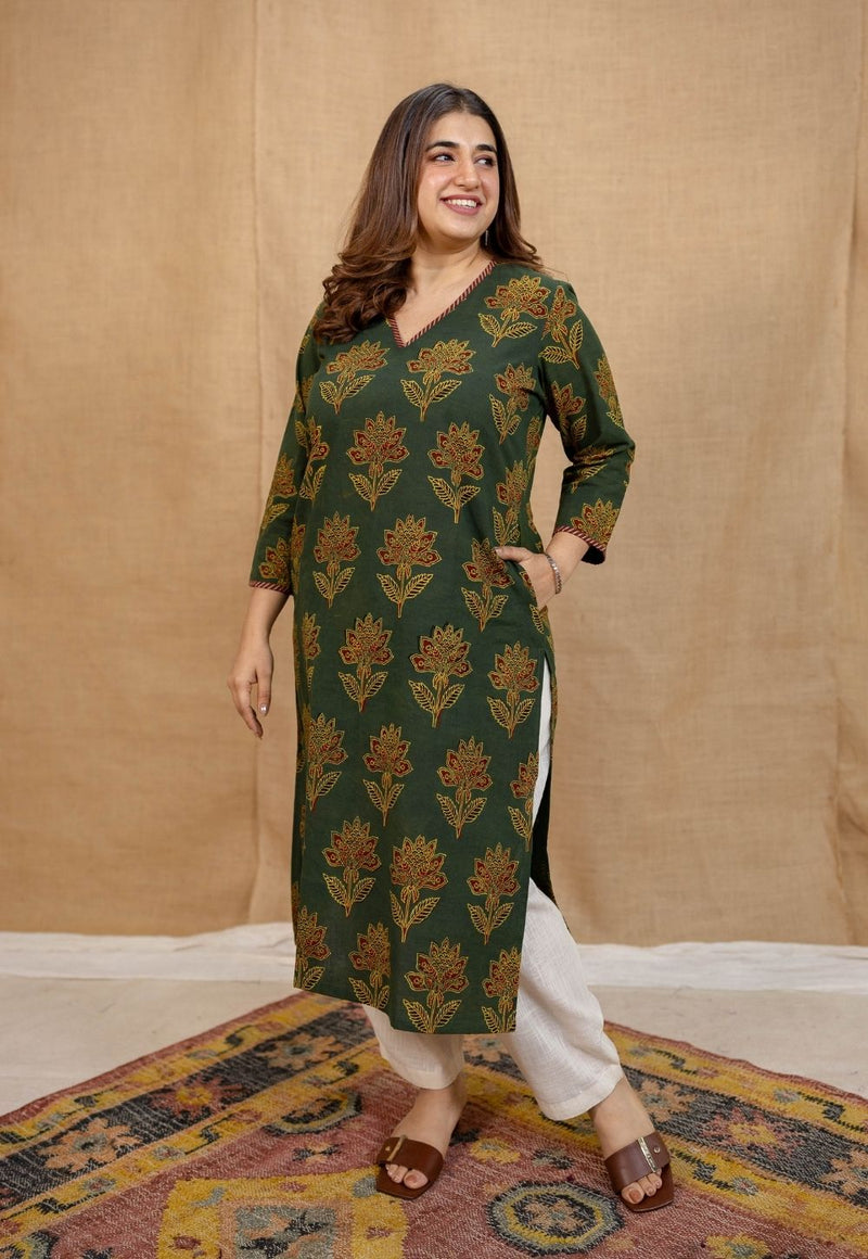 Nargis Green Ajrakh Cotton Straight Kurta