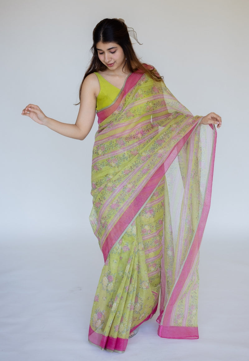 Green Sanganeri Hand Block Print Cotton Kota Doria Saree