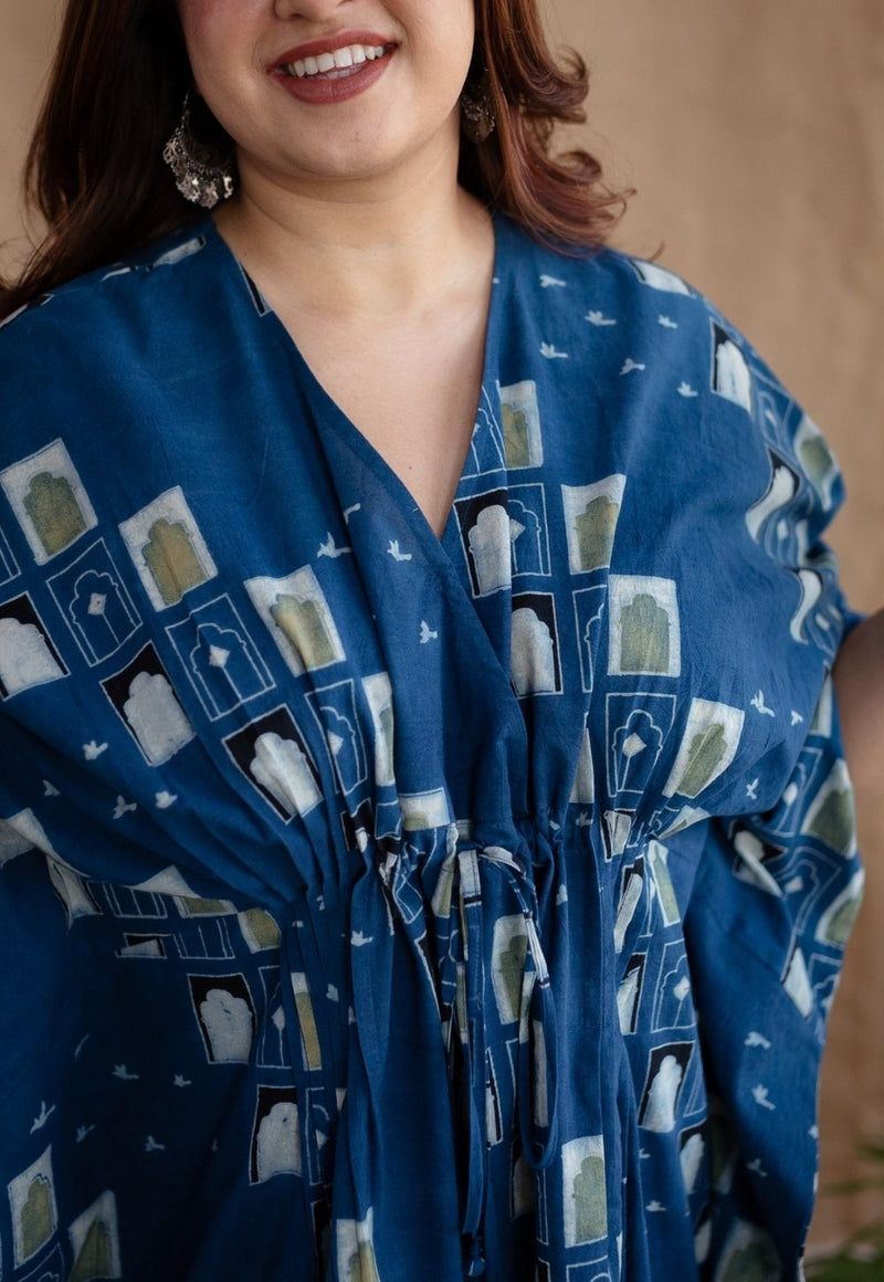 Jaipur Jharoka Indigo Ajrakh Cotton Loose Kaftan