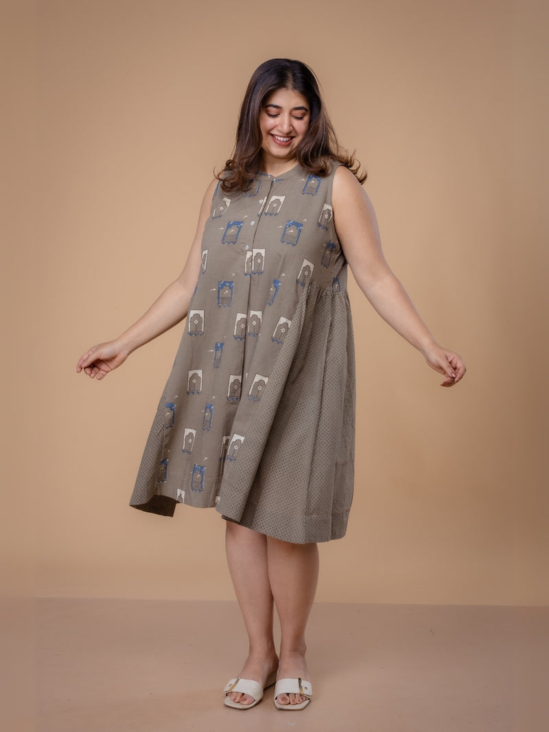 Fariyah Grey Ajrakh Cotton A Line Dress