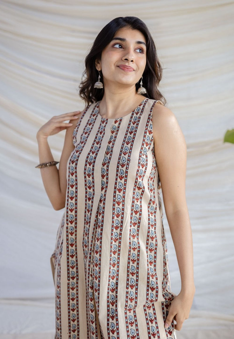 Salma Beige Ajrakh Cotton Straight Kurta