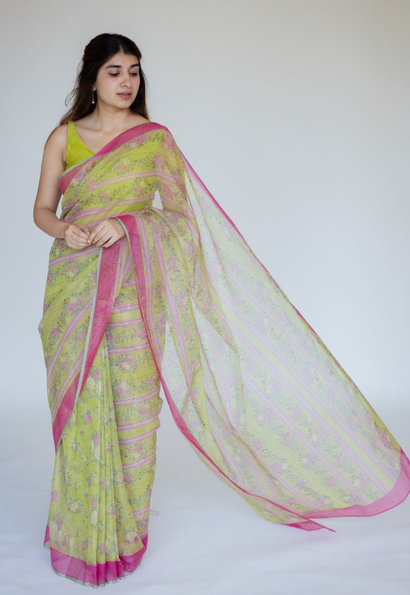 Green Sanganeri Hand Block Print Cotton Kota Doria Saree