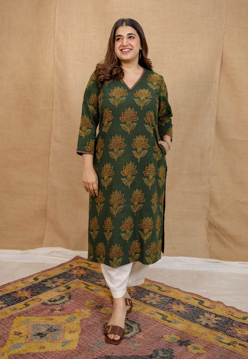 Nargis Green Ajrakh Cotton Straight Kurta