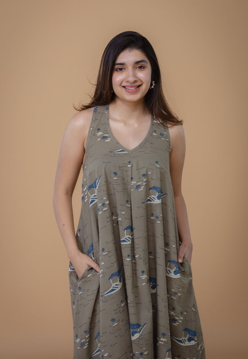 Tashi Grey Ajrakh Cotton A Line Dress