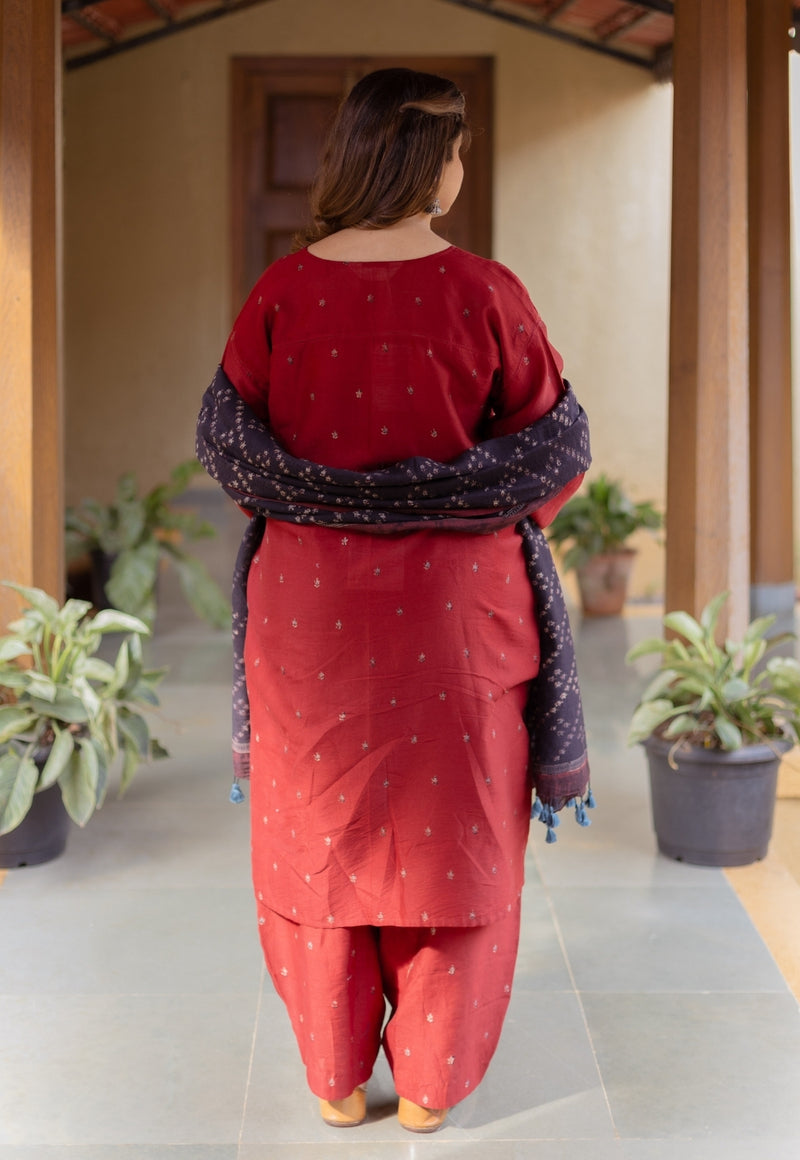 Zehra Madder Ajrakh Chanderi Silk A Line Kurta with Hand Embroidery