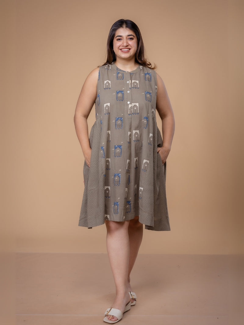 Fariyah Grey Ajrakh Cotton A Line Dress