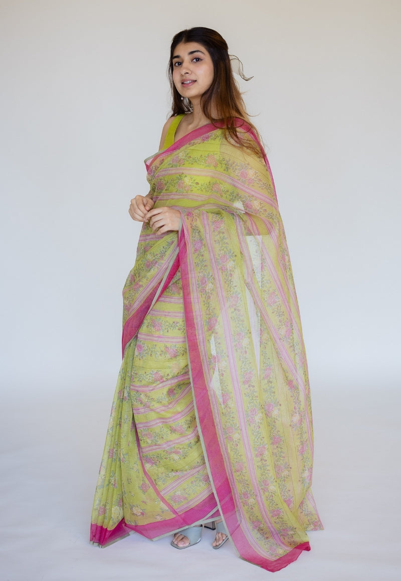 Green Sanganeri Hand Block Print Cotton Kota Doria Saree