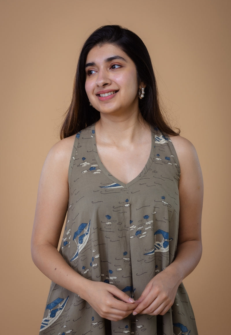 Tashi Grey Ajrakh Cotton A Line Dress