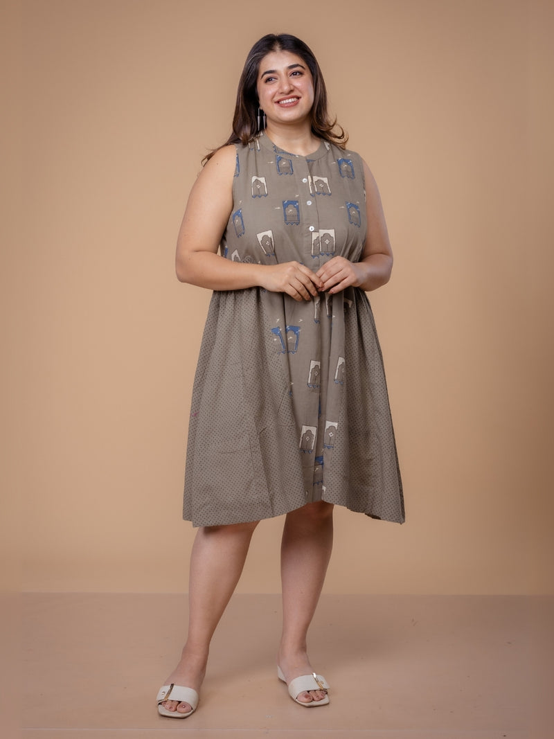 Fariyah Grey Ajrakh Cotton A Line Dress