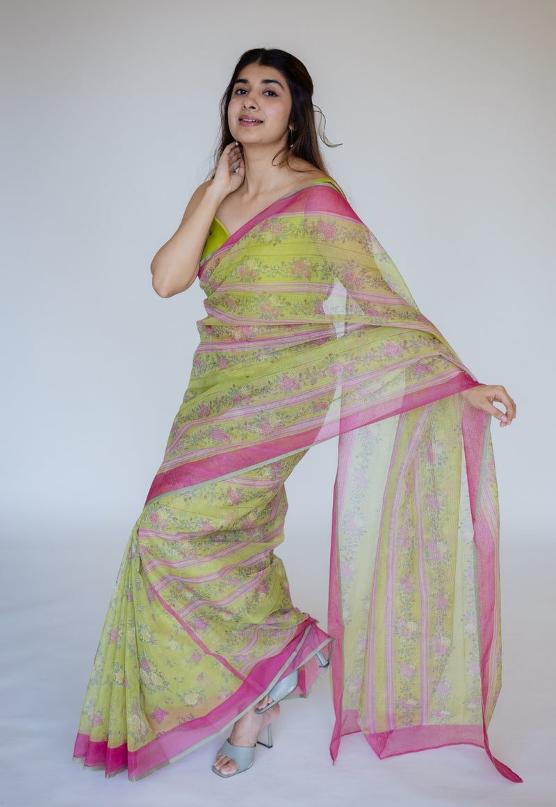 Green Sanganeri Hand Block Print Cotton Kota Doria Saree