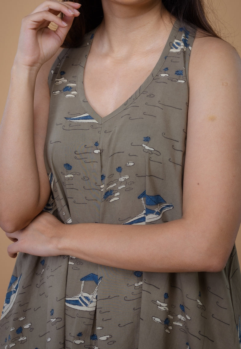 Tashi Grey Ajrakh Cotton A Line Dress