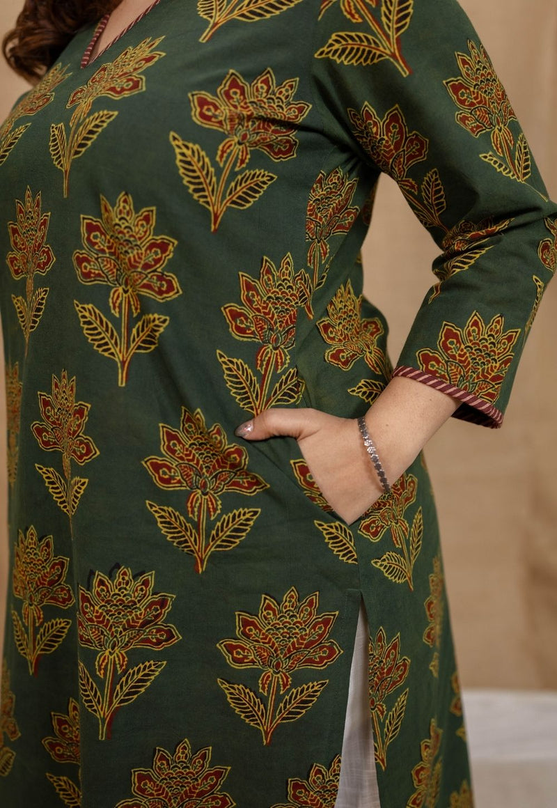 Nargis Green Ajrakh Cotton Straight Kurta