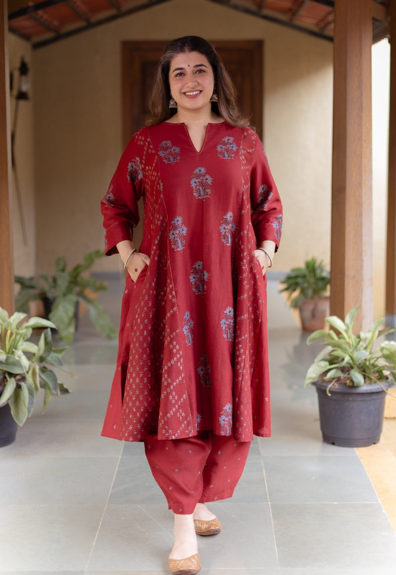 Sonia Madder Ajrakh Chanderi Silk Kali Kurta with Hand Embroidery