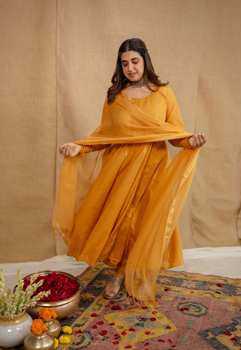 Kaveri Mulmul Cotton Honey Orange Kali Kurta Set (Set of 3)