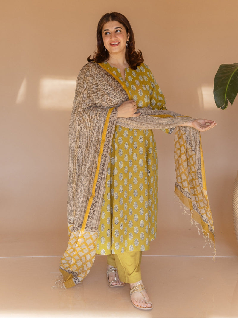 Malika Yellow Bagru Cotton Kali Kurta