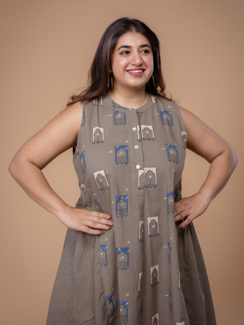 Fariyah Grey Ajrakh Cotton A Line Dress