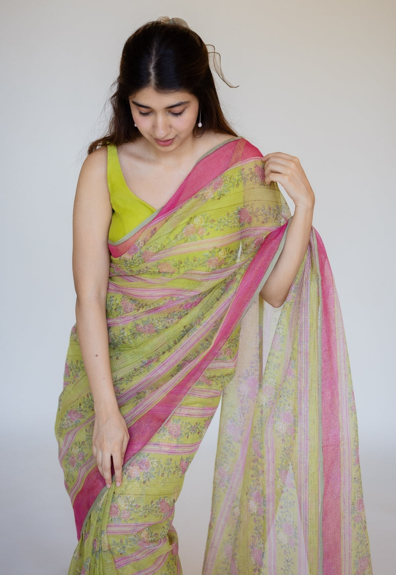 Green Sanganeri Hand Block Print Cotton Kota Doria Saree