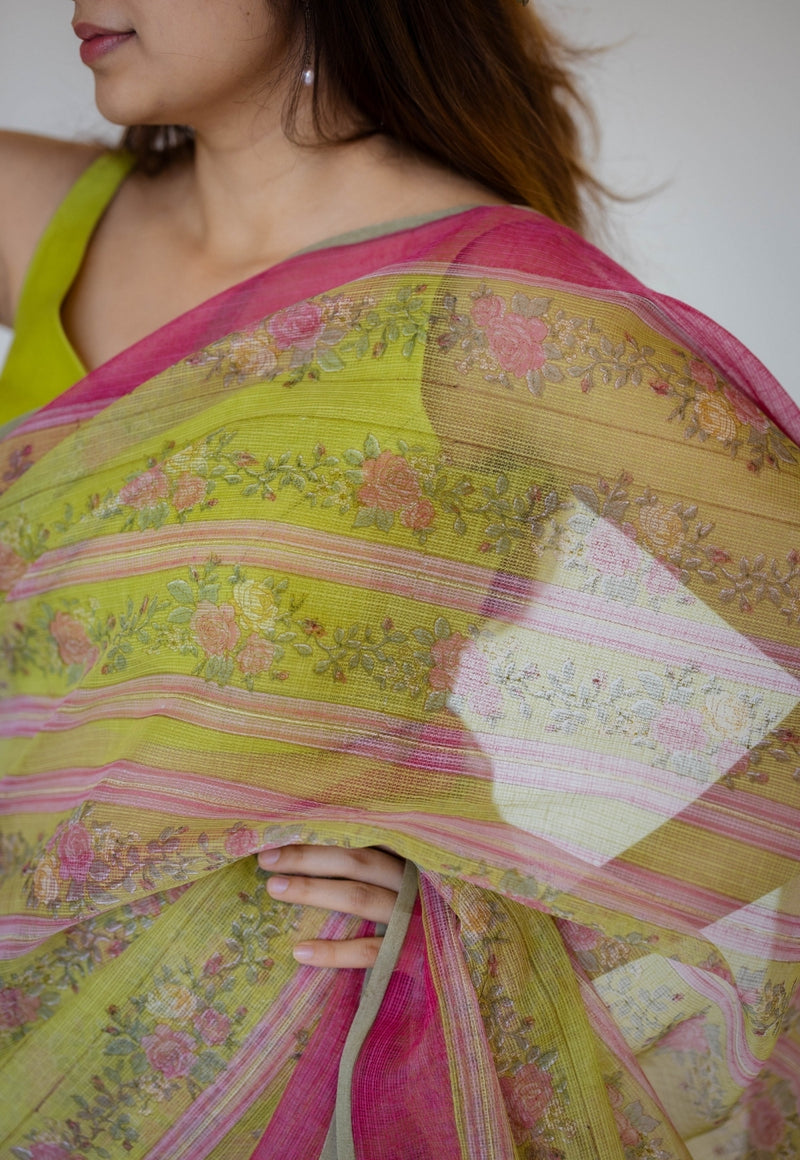 Green Sanganeri Hand Block Print Cotton Kota Doria Saree