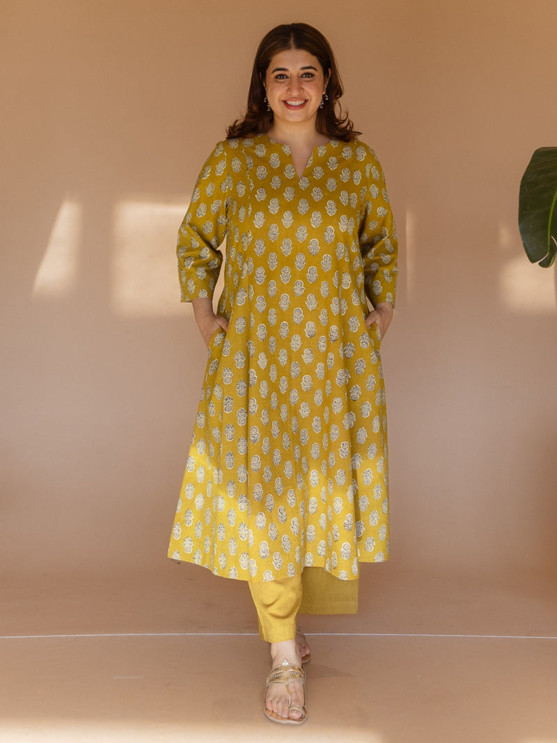 Malika Yellow Bagru Cotton Kali Kurta