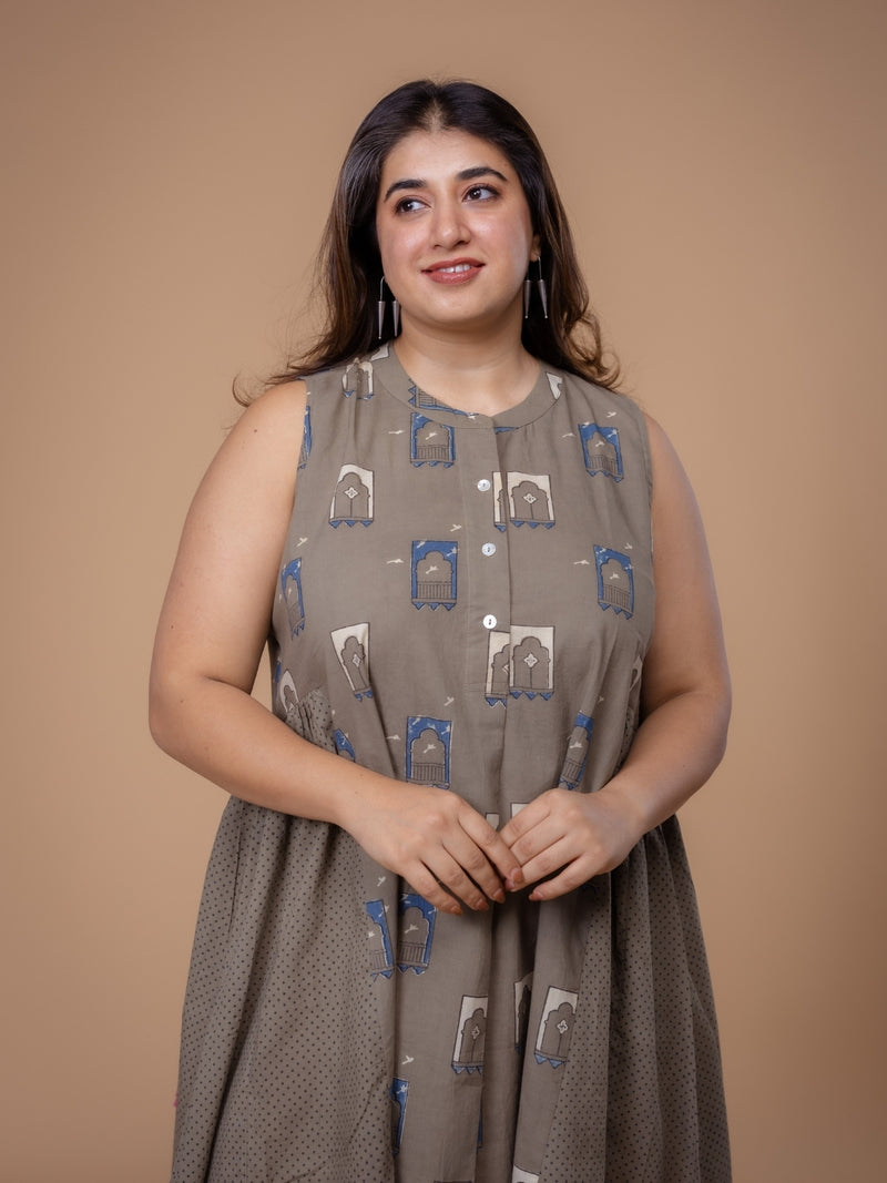 Fariyah Grey Ajrakh Cotton A Line Dress