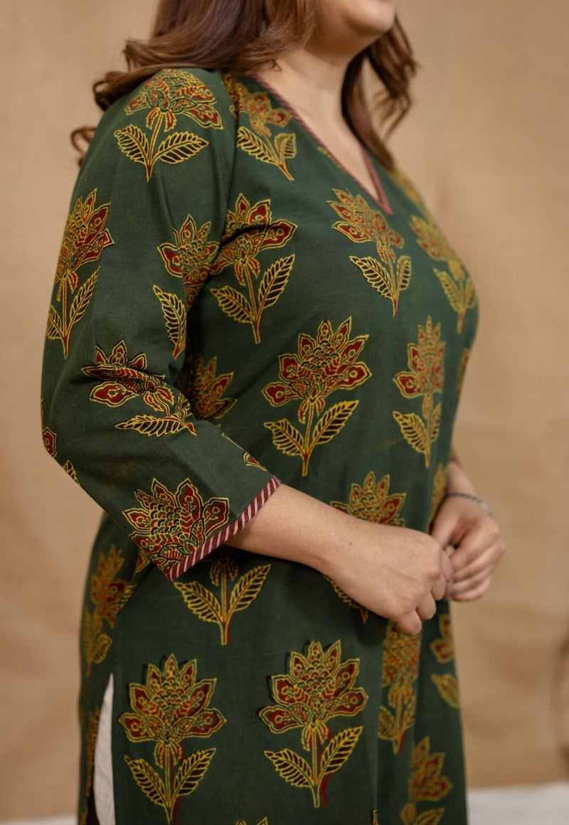 Nargis Green Ajrakh Cotton Straight Kurta