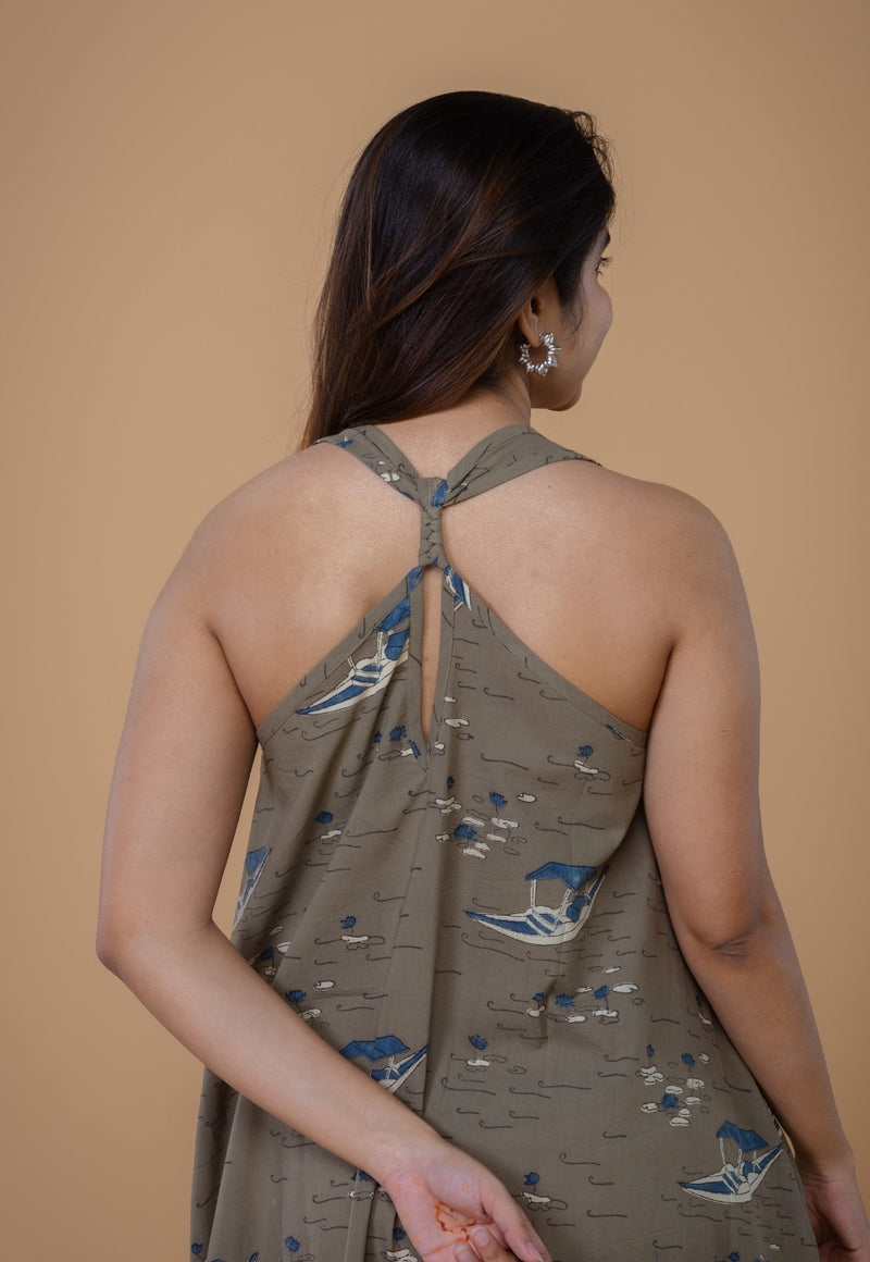 Tashi Grey Ajrakh Cotton A Line Dress