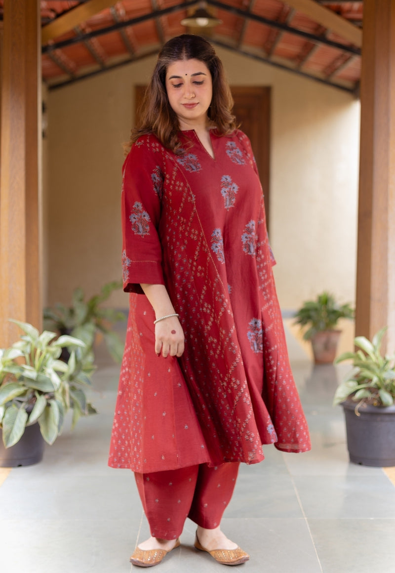 Sonia Madder Ajrakh Chanderi Silk Kali Kurta with Hand Embroidery