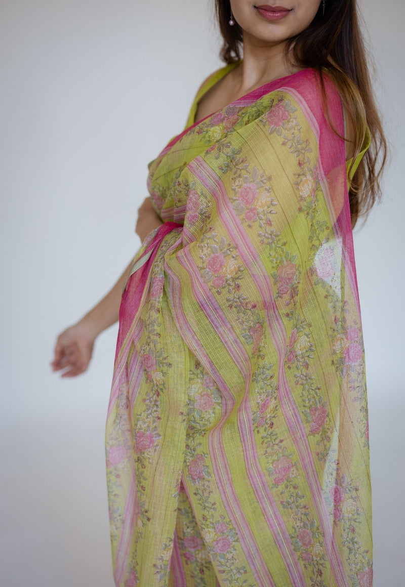 Green Sanganeri Hand Block Print Cotton Kota Doria Saree