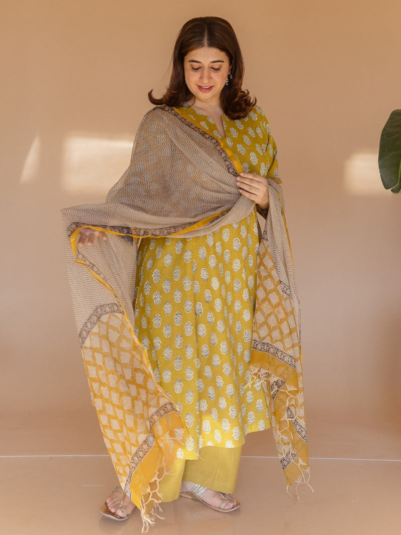 Malika Yellow Bagru Cotton Kali Kurta