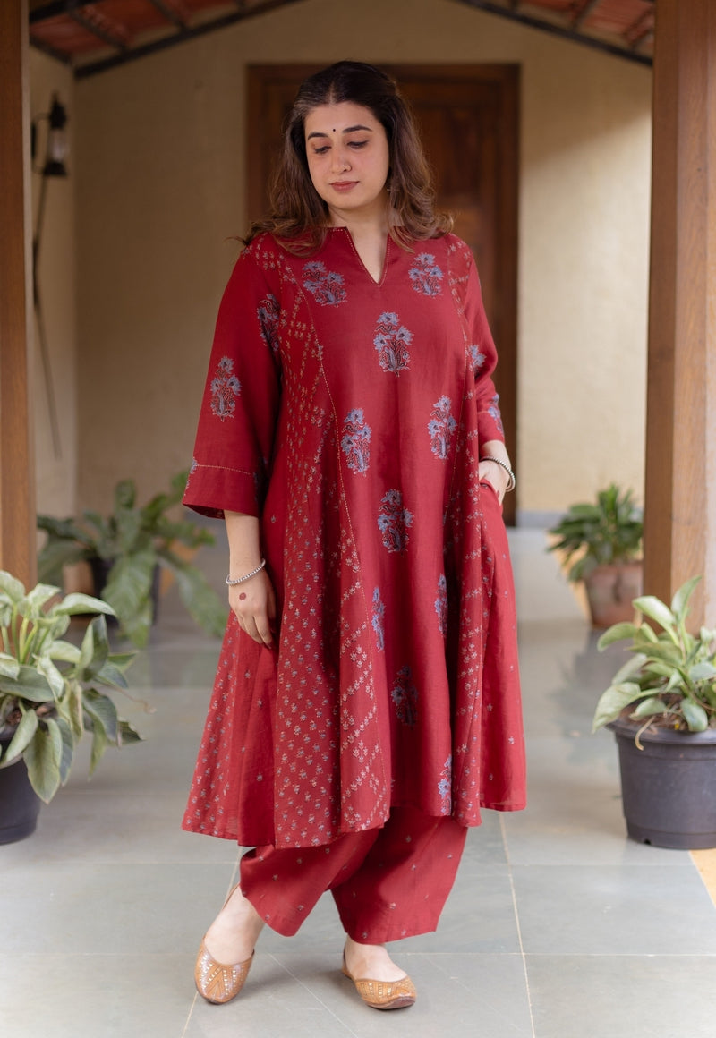 Sonia Madder Ajrakh Chanderi Silk Kali Kurta with Hand Embroidery