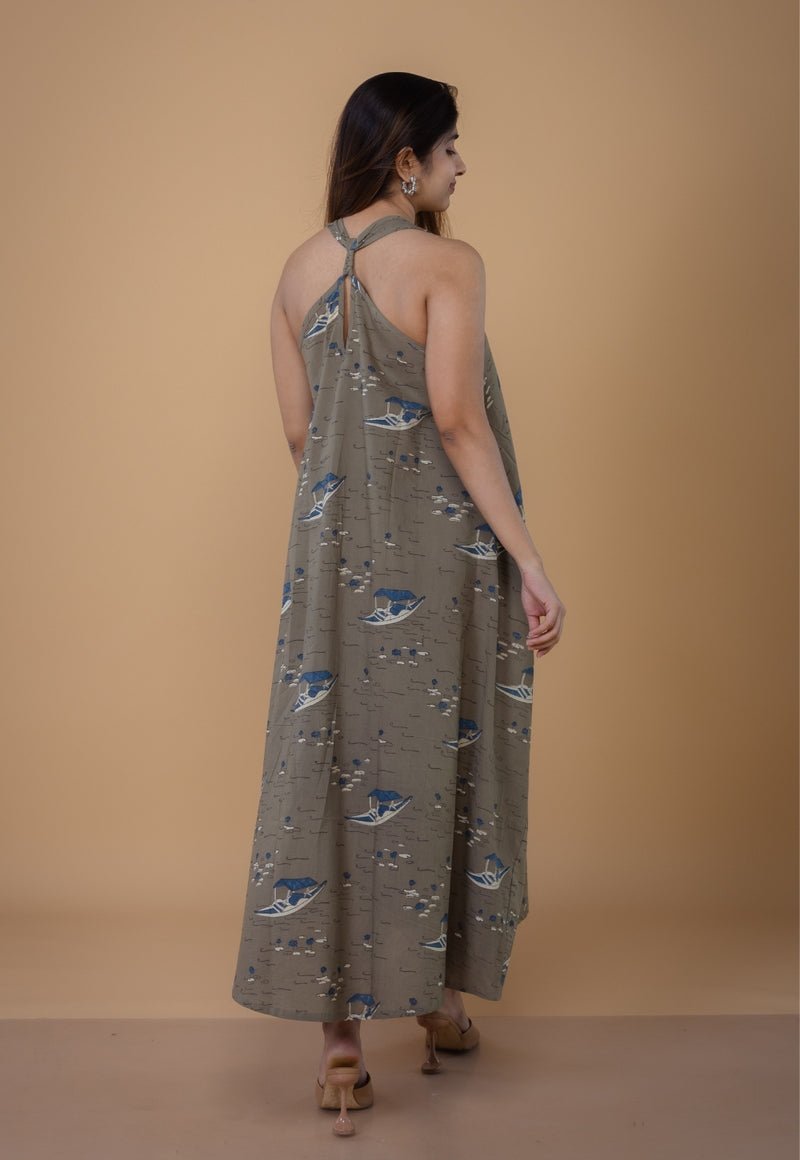 Tashi Grey Ajrakh Cotton A Line Dress